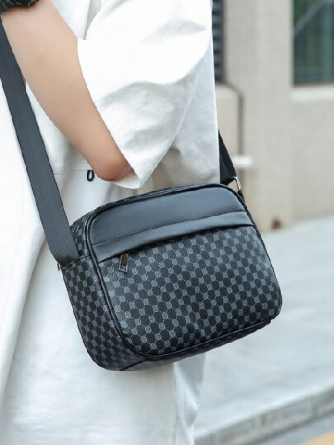 New Black PU Printed Sophisticated Men Sling Bag Dark Style Small Pouch Bag For Business Commute Travel Phone Holder Fashion Casual Outdoor Fitness Cycling Street Shoulder Bag Gift Adjustable Strap Zi