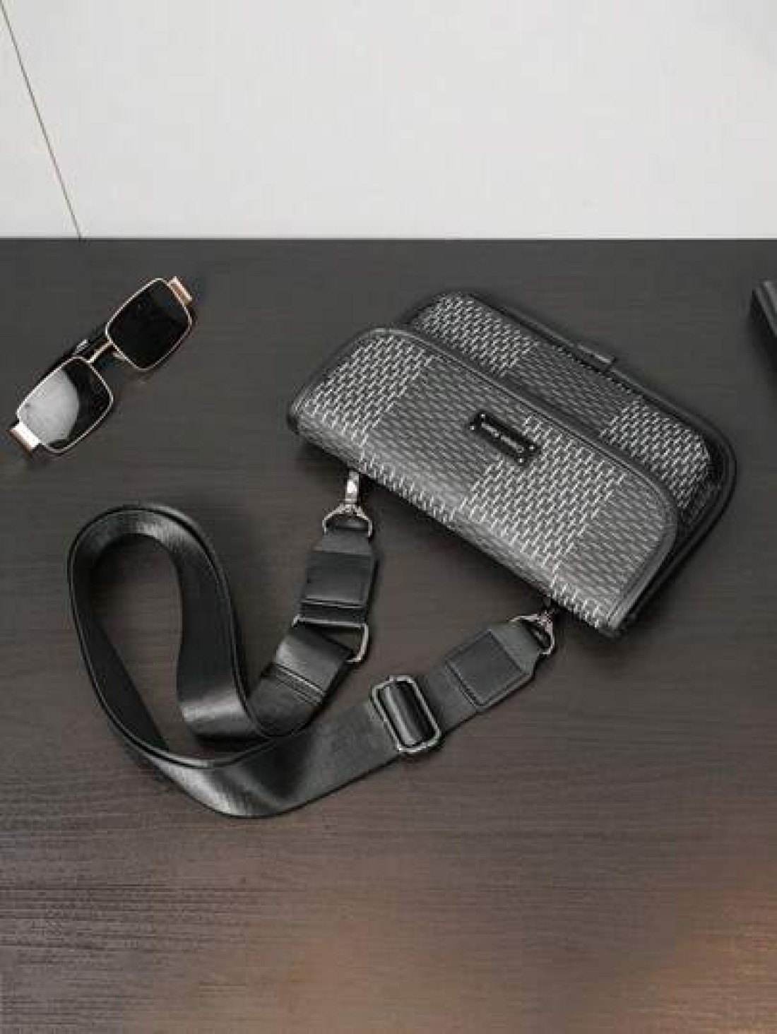 New Men s Flip Cover Mailman Bag Large Capacity Fashionable Checkered Embossed Small Chest Bag Versatile Outdoor Men s Crossbody Bag PU Waterproof Small Square Bag Men s Shoulder Bag Wear Resistant Co