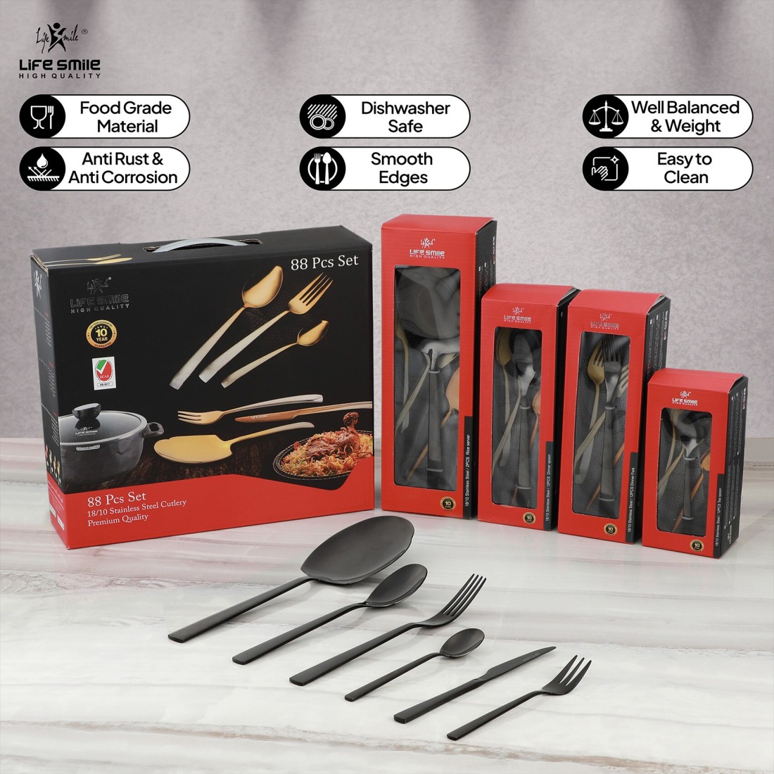 LIFE SMILE Cutlery Set, 18/10 Pure Stainless Steel Flatware Set with Stand, Rust Proof &amp; Fade Proof Dinnerware Set (SHINE BLACK, 88 Pieces)