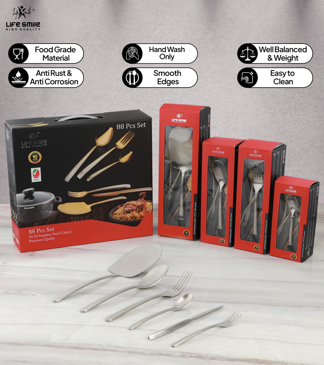 LIFE SMILE Cutlery Set, 18/10 Pure Stainless Steel Flatware Set with Stand, Rust Proof &amp; Fade Proof Dinnerware Set (MATTE SILVER, 88 Pieces)