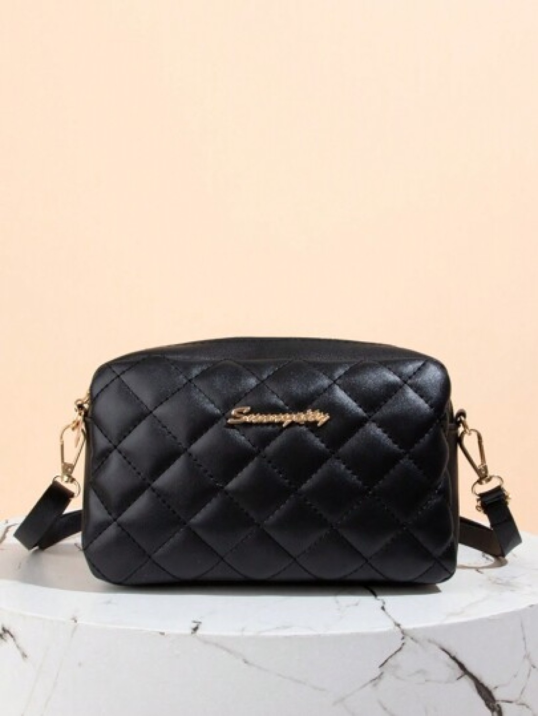 Quilted Zipper Square Bag Metal Letter Decor Shoulder Bag Adjustable Fashionable Girls Crossbody Bag Casual Phone Pouch
