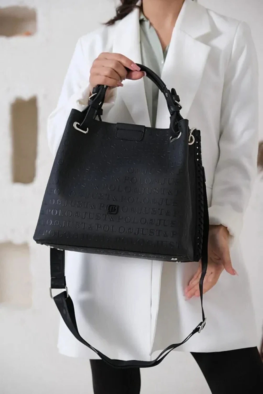 Just Polo Large Size Daily Women's Shoulder Bag - 4 Compartments, Back Pocket, Hand Knitted, Wallet Gift 33X26 cm 2180