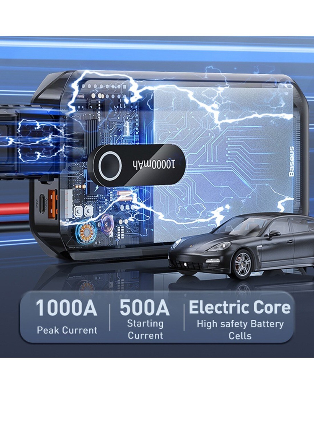 1000A UltraSafe Car Battery Jump Starter, 12V Battery Pack, Portable Charger with Jumper Cables for 4.0L Gasoline & 2.5L Diesel Engines, Built-in 10000mAh Power Bank, Compact & Reliable.
