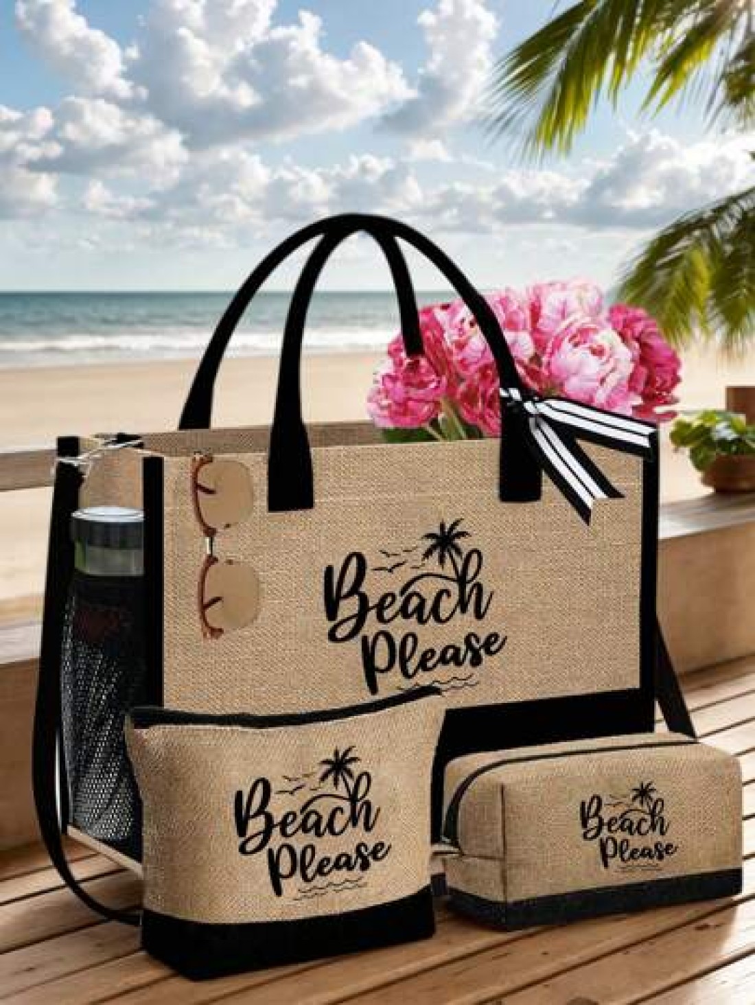 Beach Themed Beach Tote Bag Set For Women Printed With Artistic Letters Beach Beach And Coconut Tree Pattern Large Capacity Handbag And Two Makeup Bags