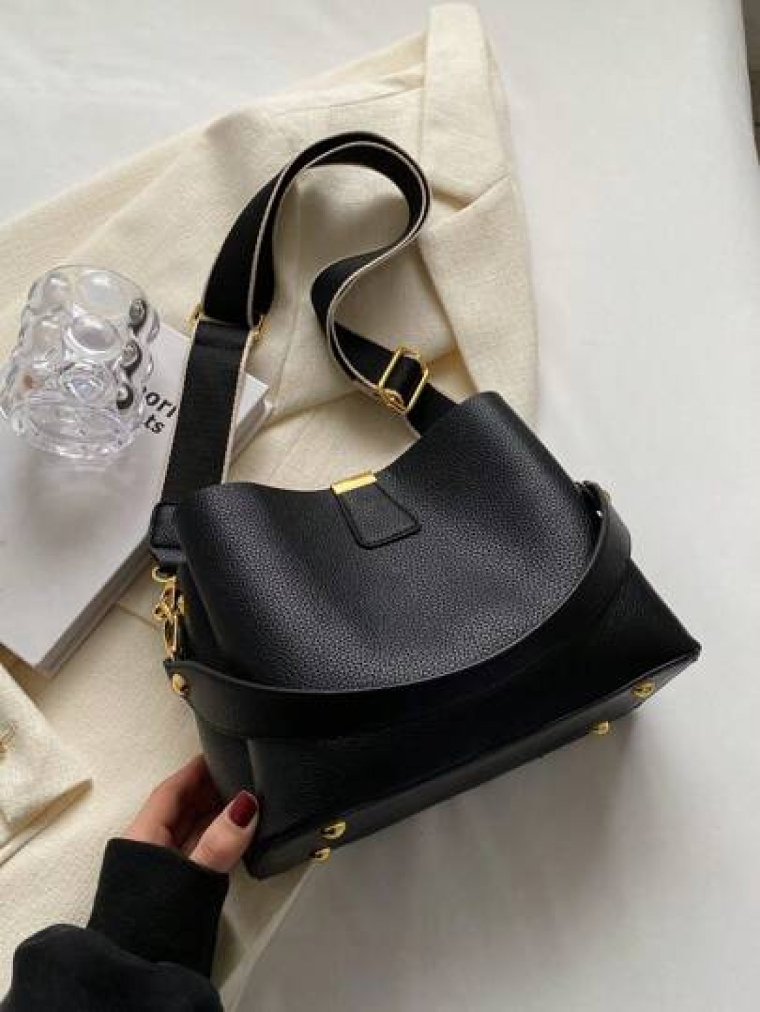 Fashion Elegant Solid Color Wide Strap PU Women Tote Bag With Shoulder Strap