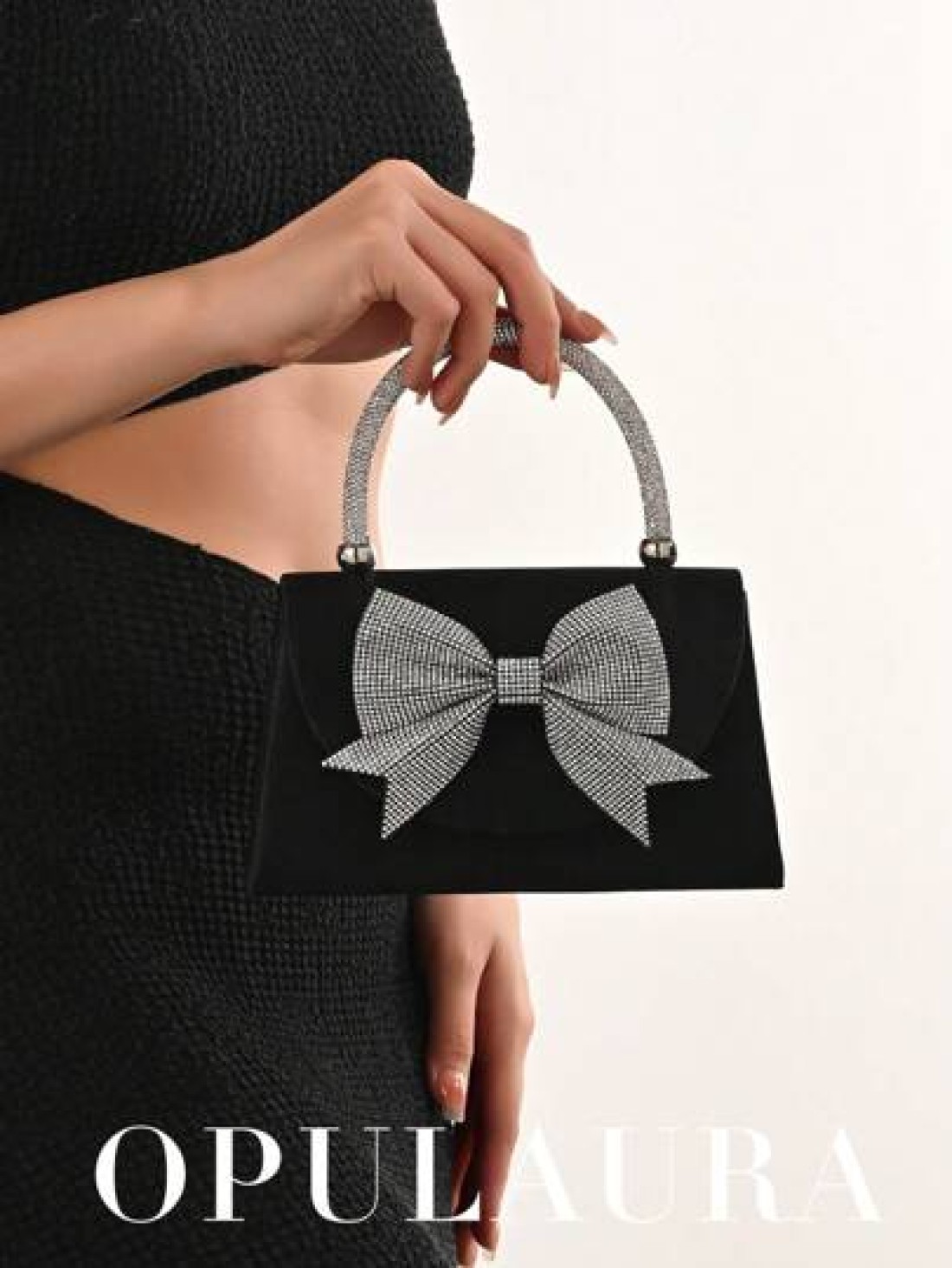 OpulAura Women s European And American Fashion Black Satin Flap Clutch Evening Bag Sparkling Elegant Bowknot Rhinestone Decor Party Handbag Luxury Satin Formal Dress Bag Chain Shoulder Bag Suitable Fo