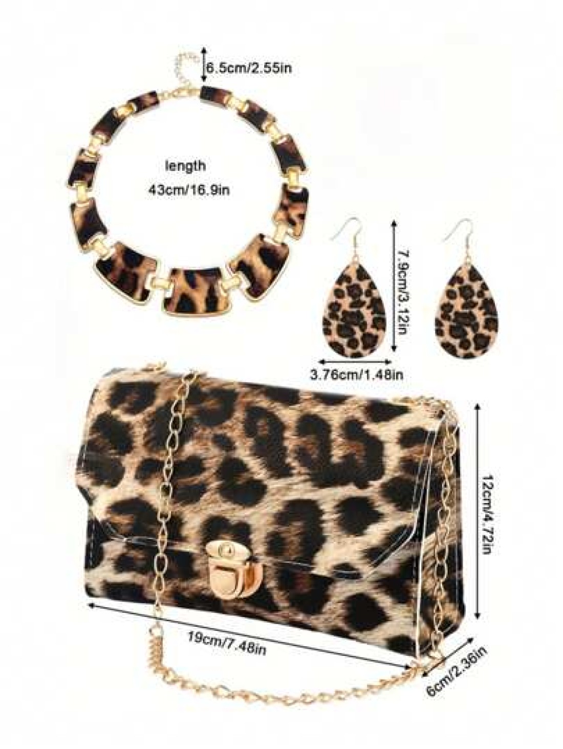 4pcs Leopard Print Jewelry Set For Women Alloy Earrings Bracelet Necklace With Tassel Pendant And Clutch Purse Sexy Street Style Accessories For Daily Wear Vacation And All Seasons