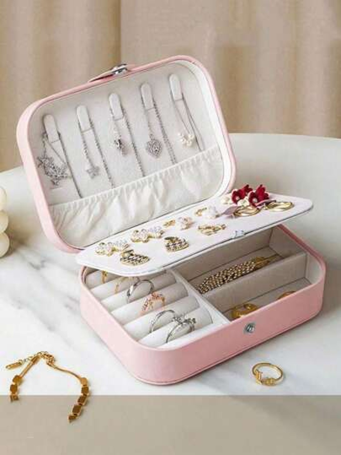 1pc Portable Travel Jewelry Box Fashion Zipper Jewelry Case Mini Ring Box Waterproof PU Leather Storage Bag Jewelry Organizer And Container With Velvet Lining For Rings Earrings Pendants Necklaces Bra