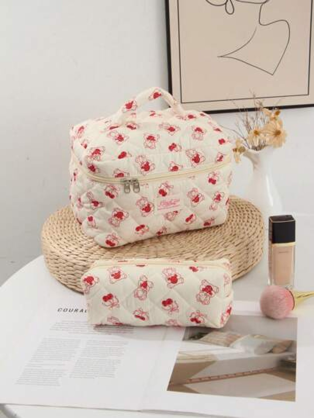 1 Piece Cherry Bear Cosmetic Bag Set Cherry Pattern Multifunctional Makeup Bag Square Large Capacity Makeup Bag Travel Toiletry Bag Aesthetci Toiletry Bag Pencil Case Skincare Bag For Travel Cruises M