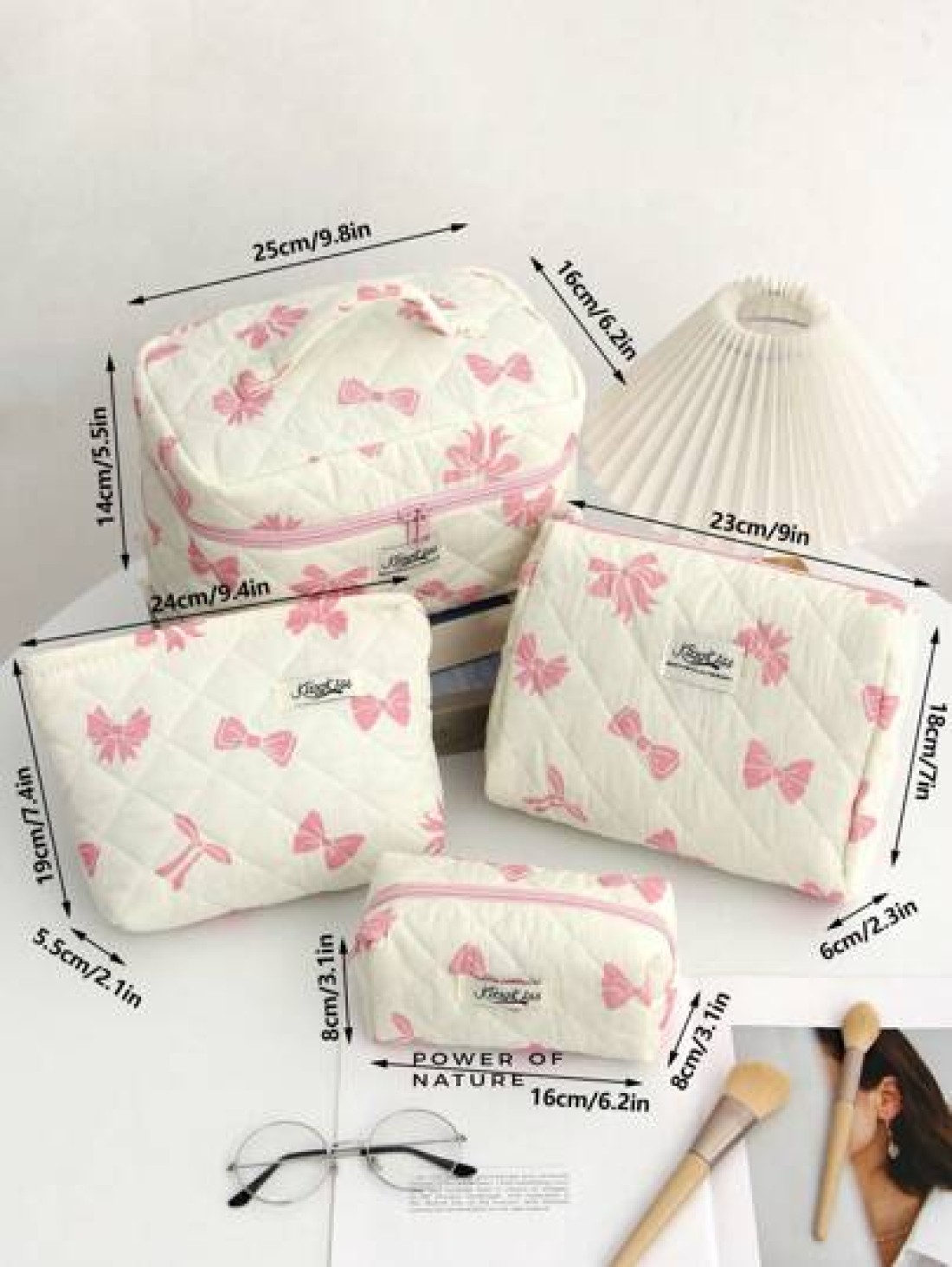 1Piece Bow Travel Toiletry Bag With Handle Quilted Fabric Large Capacity Women Handle Cosmetic Bag Cosmetic Brushes Storage Make Up Organizer Travel Skincare Makeup Pouch For For Bathroom For College