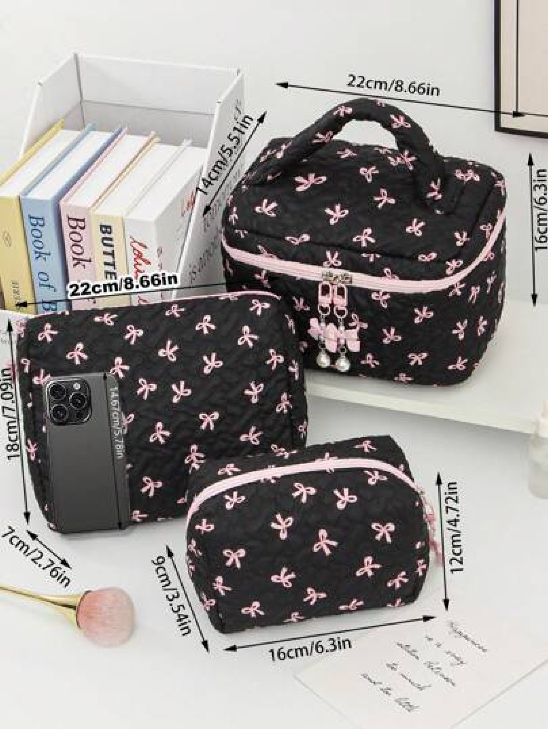 Floral Bow Decor Makeup Bag Fabric Print Zipper Pouch Sweet Style Toiletry Bag Cosmetic Bag For Home Travel Daily Use Women Makeup Organizer Makeup Storage Bag Mini Pouch Travel Small Makeup Case Acce