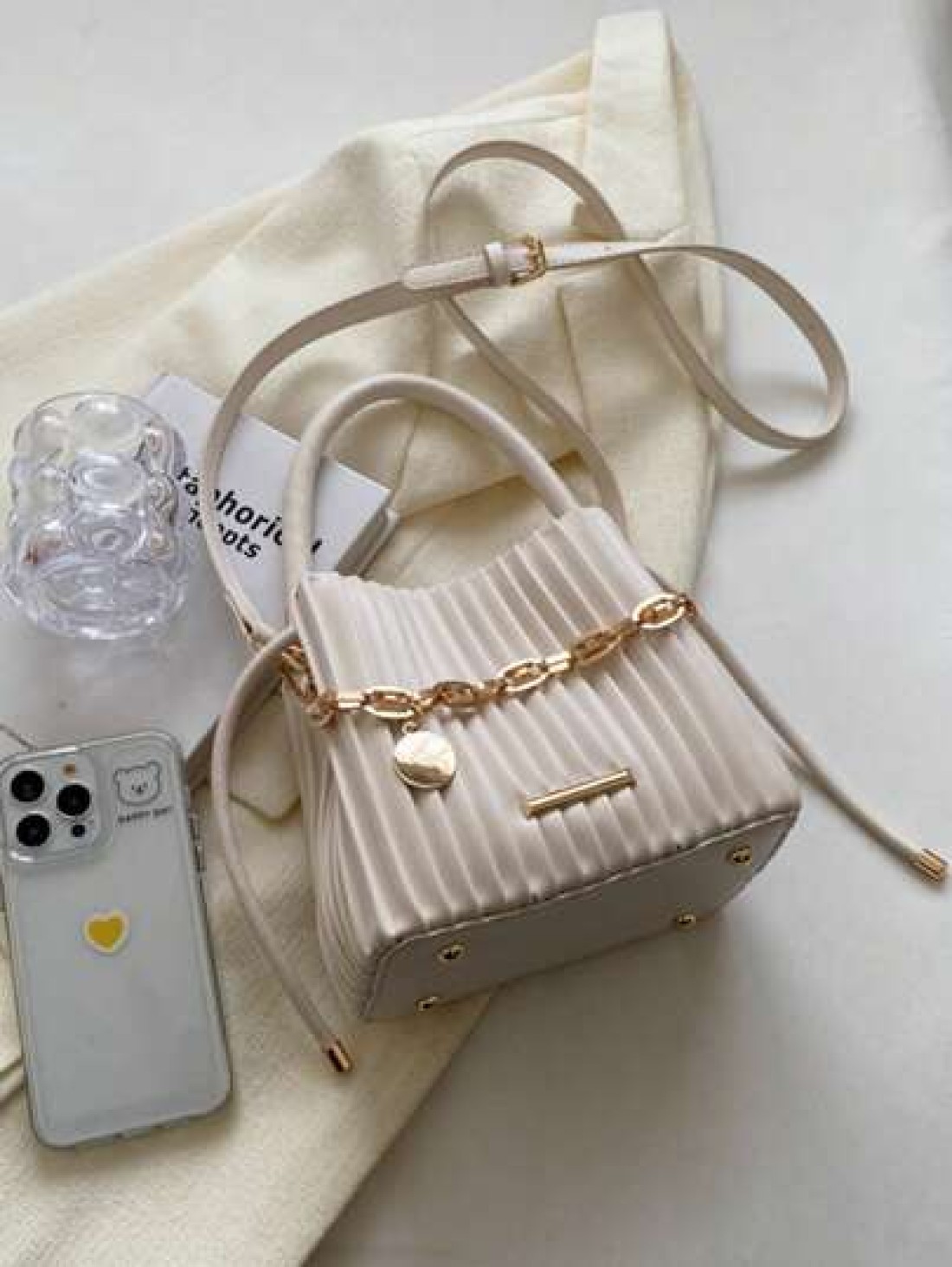 Mini Pleated Bucket Bag With Chain Decor