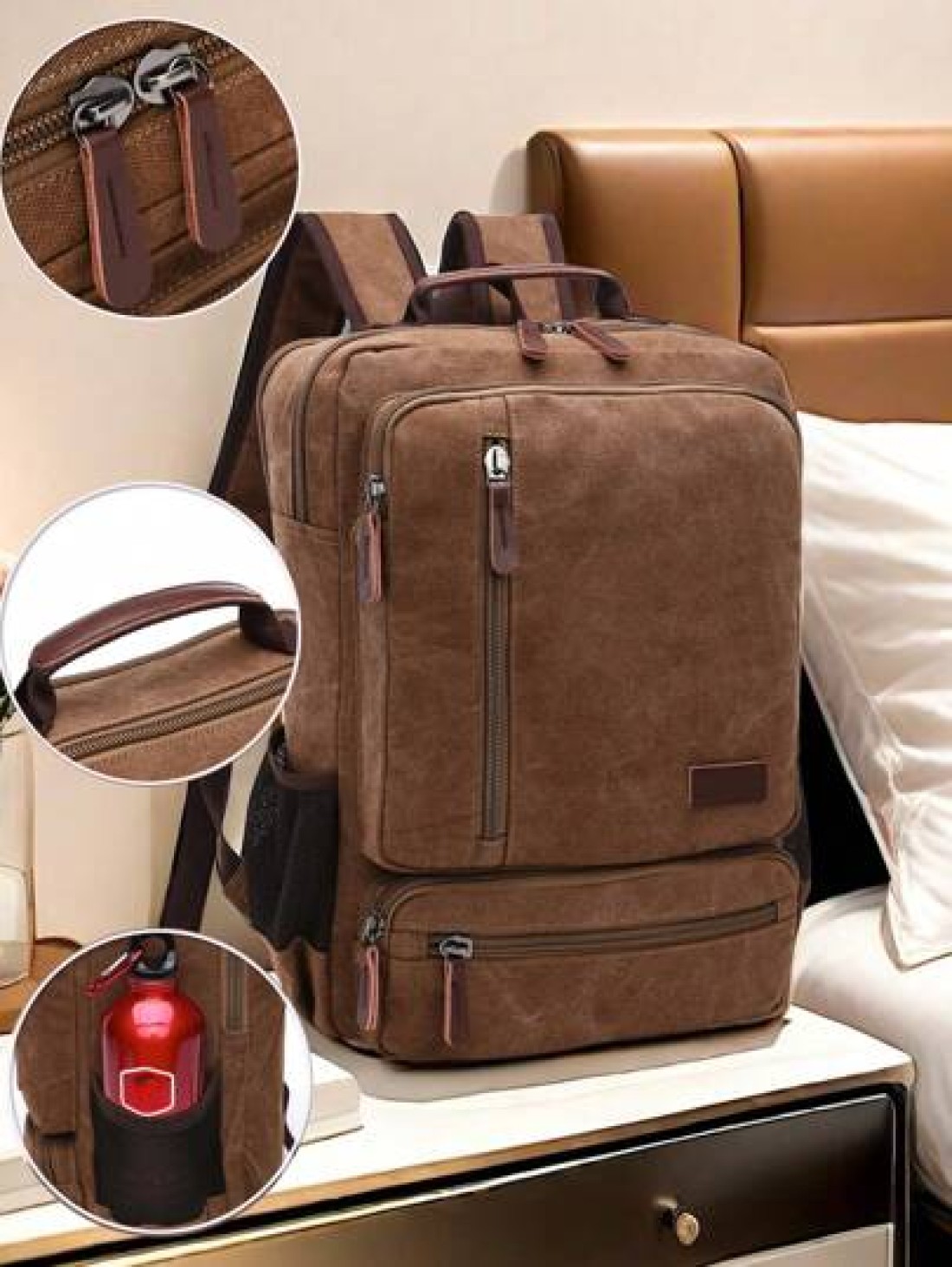 1pc Fashionable Canvas Backpack With Large Capacity And Multiple Pockets Wear Resistant Leather Handle Suitable Students Outdoor Travel Business Trip Laptop Backpack Commute Book Bag School Bag Portab