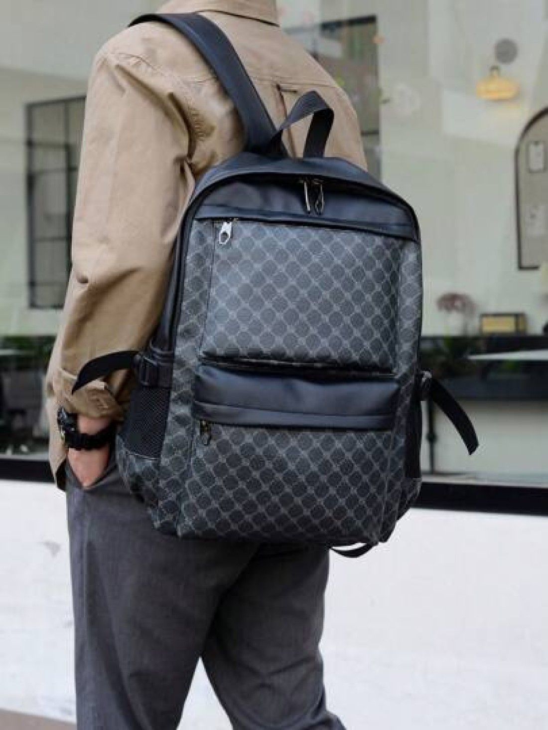 Color Block PU Leather Backpack Casual Travel Bag Student Schoolbag 15 6 Inch Laptop Backpack Black School Backpack Students Book Bag Cartoon Print Camouflage Fashion Leisure Print Backpack Black Bag
