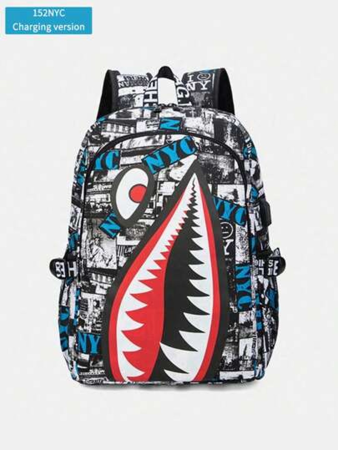 Men s Fashionable Starry Sky Print Backpack Stylish Shark Mouth Print Bookbag With Random All Over Print USB Charging Port Large Capacity Lightweight Nylon Travel Bag University Commute Backpack Fits