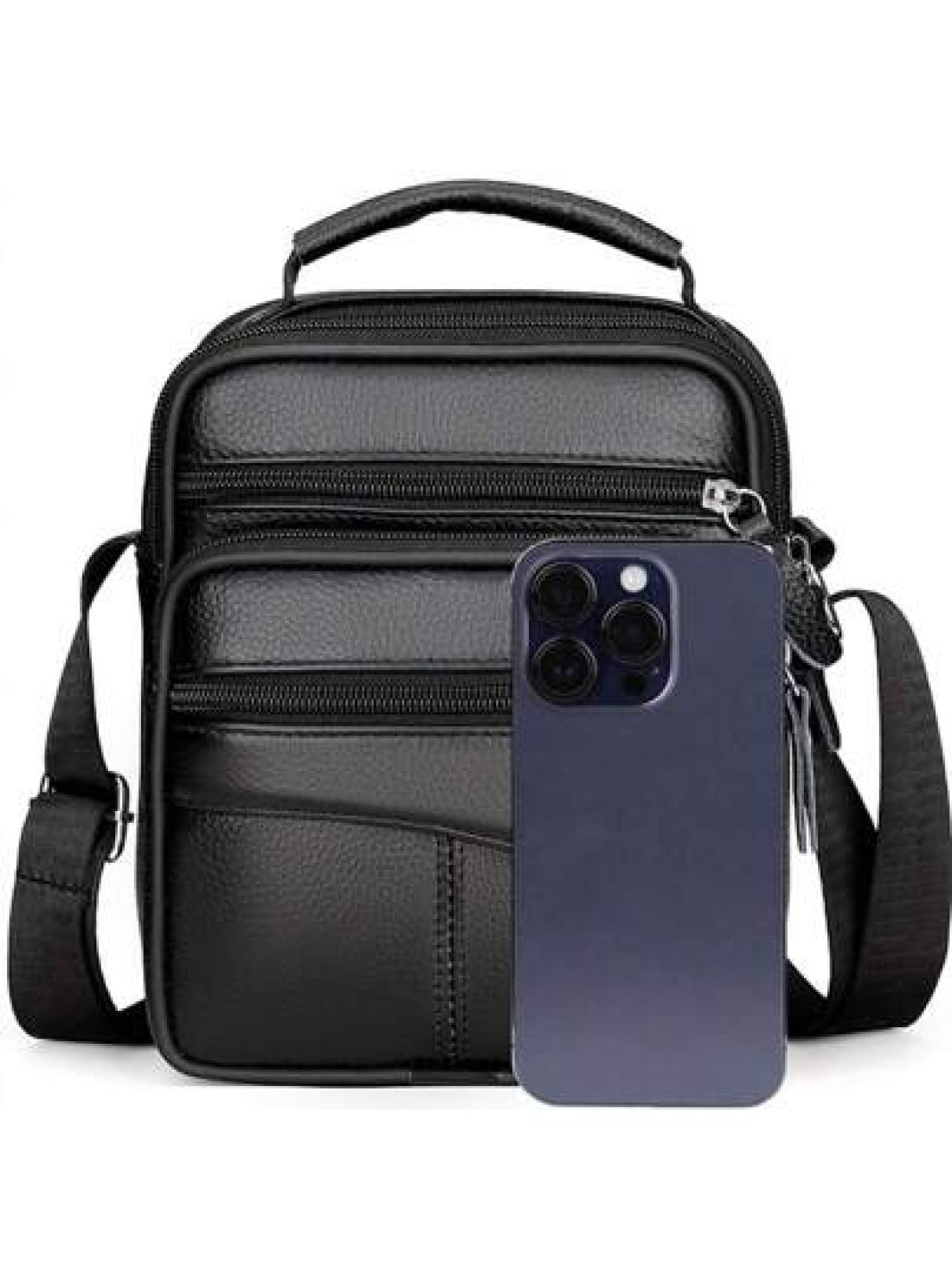 Men s Casual Genuine Leather Multifunctional Adjustable Shoulder Bag Black