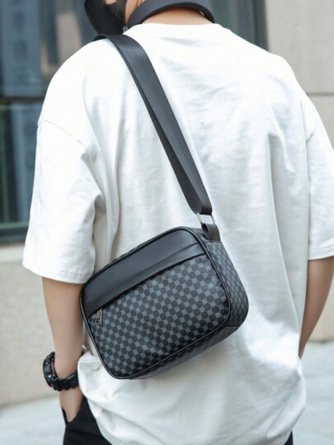 New Black PU Printed Sophisticated Men Sling Bag Dark Style Small Pouch Bag For Business Commute Travel Phone Holder Fashion Casual Outdoor Fitness Cycling Street Shoulder Bag Gift Adjustable Strap Zi