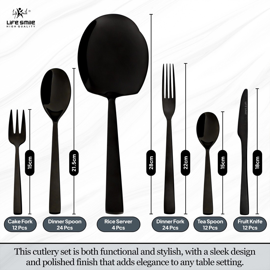 LIFE SMILE Cutlery Set, 18/10 Pure Stainless Steel Flatware Set with Stand, Rust Proof &amp; Fade Proof Dinnerware Set (SHINE BLACK, 88 Pieces)