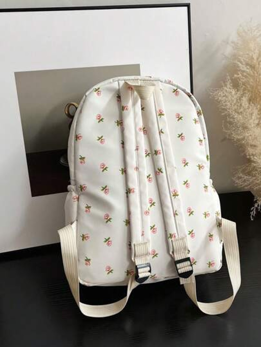 1pc White Nylon Floral Print Dual Zipper Large Capacity Fashionable Versatile Backpack Student Bag