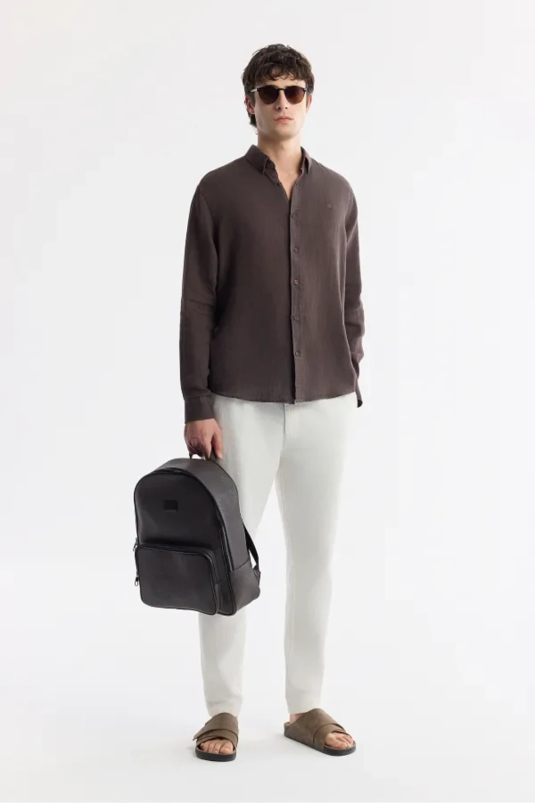 Avva Men's Off White Relaxed Fit Waist Lace-Up Linen Blend Chino Pants B003036