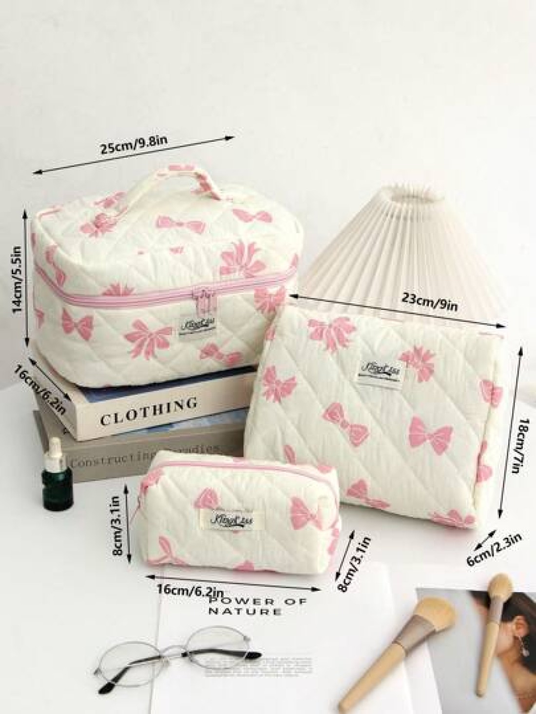 1Piece Bow Travel Toiletry Bag With Handle Quilted Fabric Large Capacity Women Handle Cosmetic Bag Cosmetic Brushes Storage Make Up Organizer Travel Skincare Makeup Pouch For For Bathroom For College