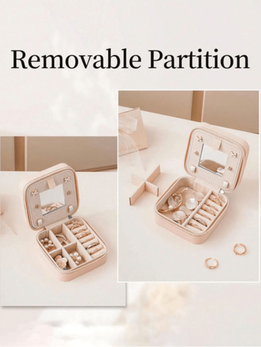 1pc PU Leather Square Jewelry Box Mirror Design Jewelry Storage Case Multifunctional Desktop Organizer Box Removable Compartments Suitable For Rings Earrings Necklaces Lipsticks Makeup Organizer
