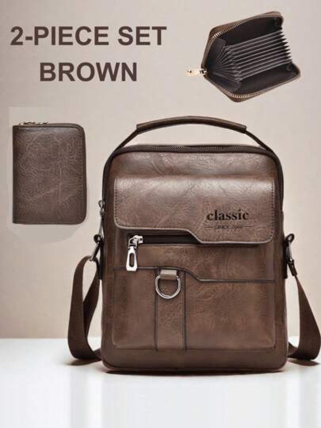 2pcs Set Retro Messenger Bag PU Leather Shoulder Bag With Wallet Large Capacity Headphone Hole Casual Minimalist Style For Commuting Business Travel Gifts For Friends Family Summer Summer Bag Spring B