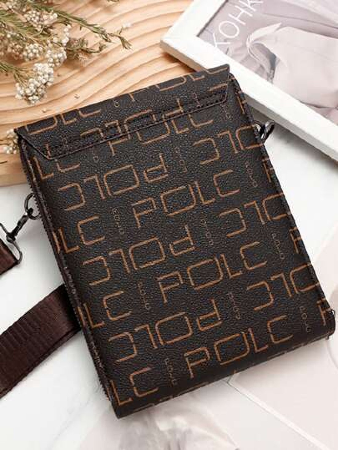 POLC Business Floral Print Men s Messenger Bag For Commuting Fashion Letter Flap Small Card Holder Phone Pouch PU Leather Large Capacity One Shoulder Bag Hanging Bag Small Square Bag Double Zipper Pho