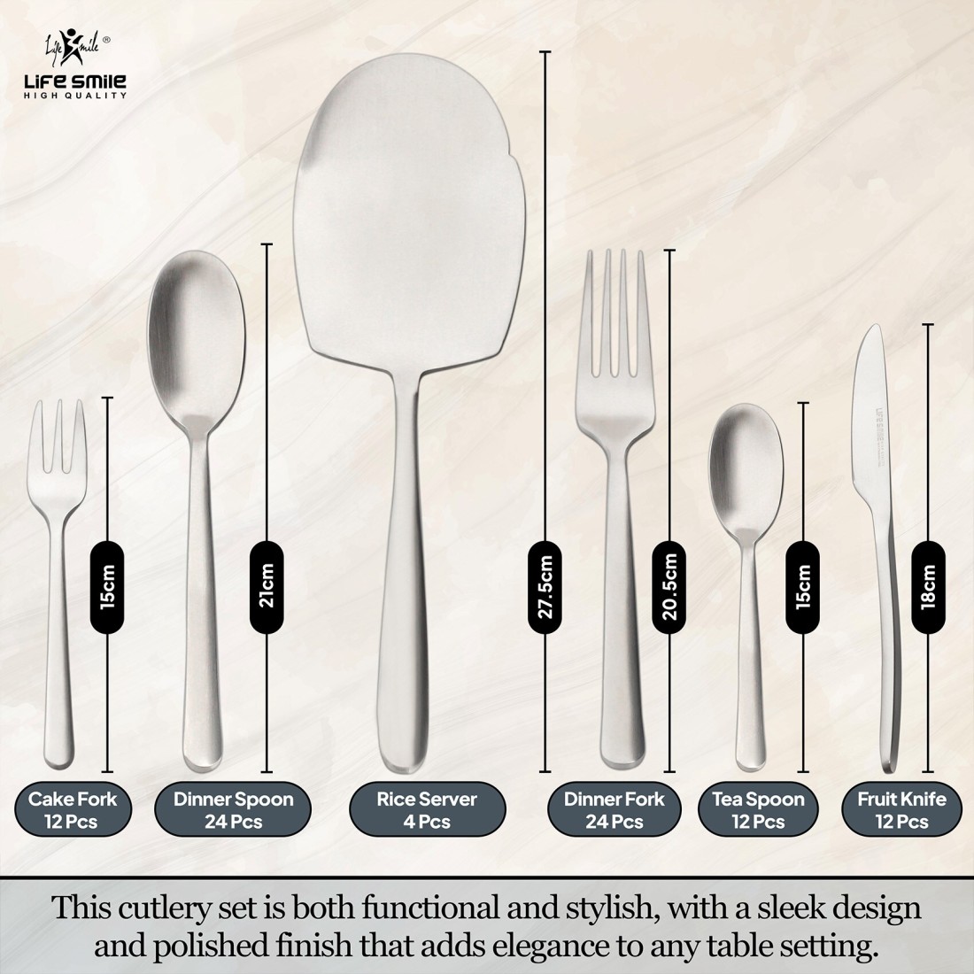 LIFE SMILE Cutlery Set, 18/10 Pure Stainless Steel Flatware Set with Stand, Rust Proof &amp; Fade Proof Dinnerware Set (MATTE SILVER, 88 Pieces)