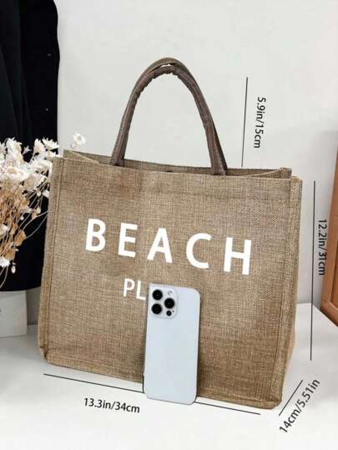 Beach Letter Theme Yellow Flax Brown Handbag Plus A Small Bag With A Hand Rope And A Bow Hat Bridesmaid Personalized Wedding Gift Bag Travel Storage Bag Cosmetic Storage Bag Coin Purse Direct Storage