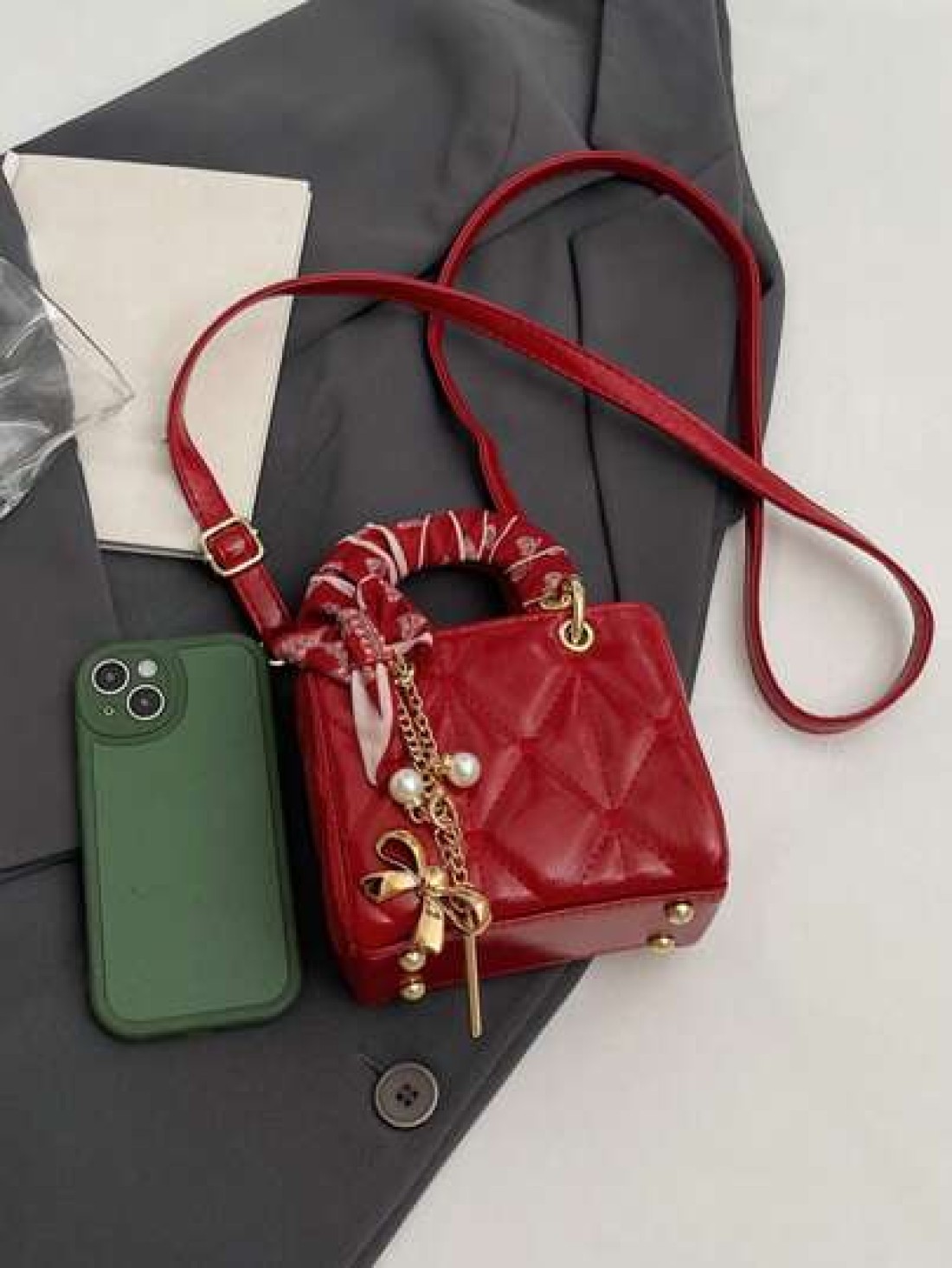 Exquisite Mini High Quality Textured New Popular Sweet Silk Scarf Handbag In Spring And Summer Niche Design Diamond Grid Heart Embroidered Princess Diana Bag Fashionable Crossbody Bag With Bow Pendant