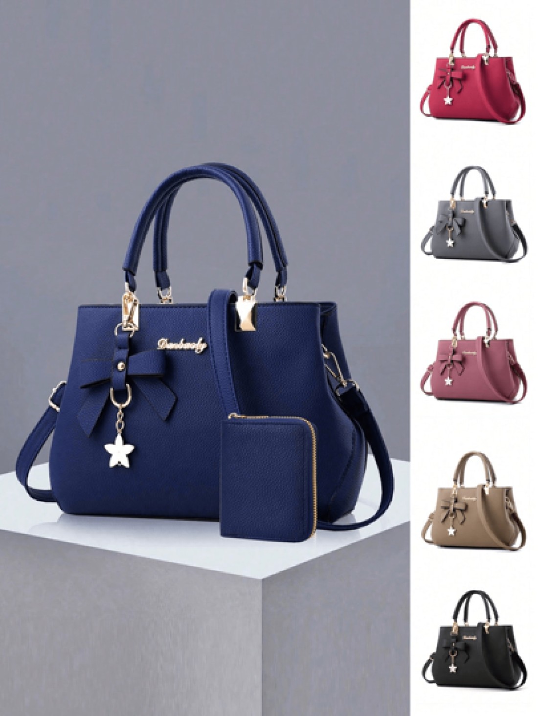 2pcs 1pc Women Solid Color Handbag Wallet Set With PU Leather Bow Pendant Zipper Closure Great Mother s Day Valentine s Day Gift Elegant Women Tote Bag Shoulder Bag Cross Body Bag Large Capacity Purse