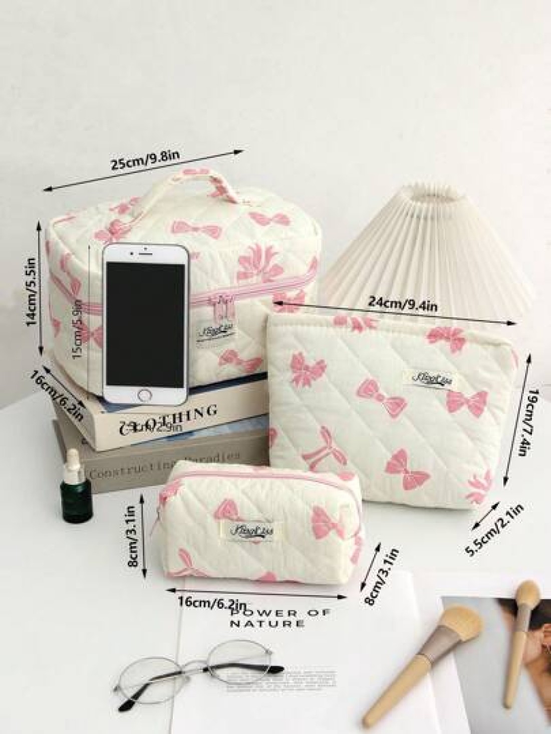 1Piece Bow Travel Toiletry Bag With Handle Quilted Fabric Large Capacity Women Handle Cosmetic Bag Cosmetic Brushes Storage Make Up Organizer Travel Skincare Makeup Pouch For For Bathroom For College
