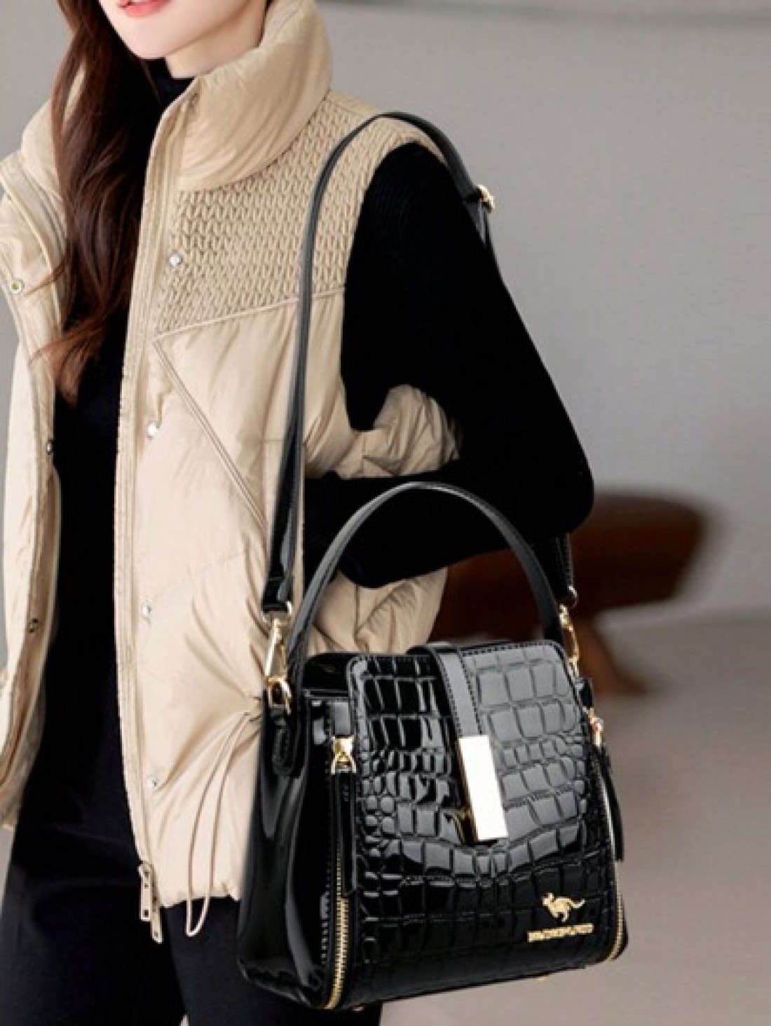 Women Patent Leather Handbag High Quality Lnterior Slot Pocket Leather Bucket Bag Female Shoulder Bag Luxury Brand Crossbody Bag