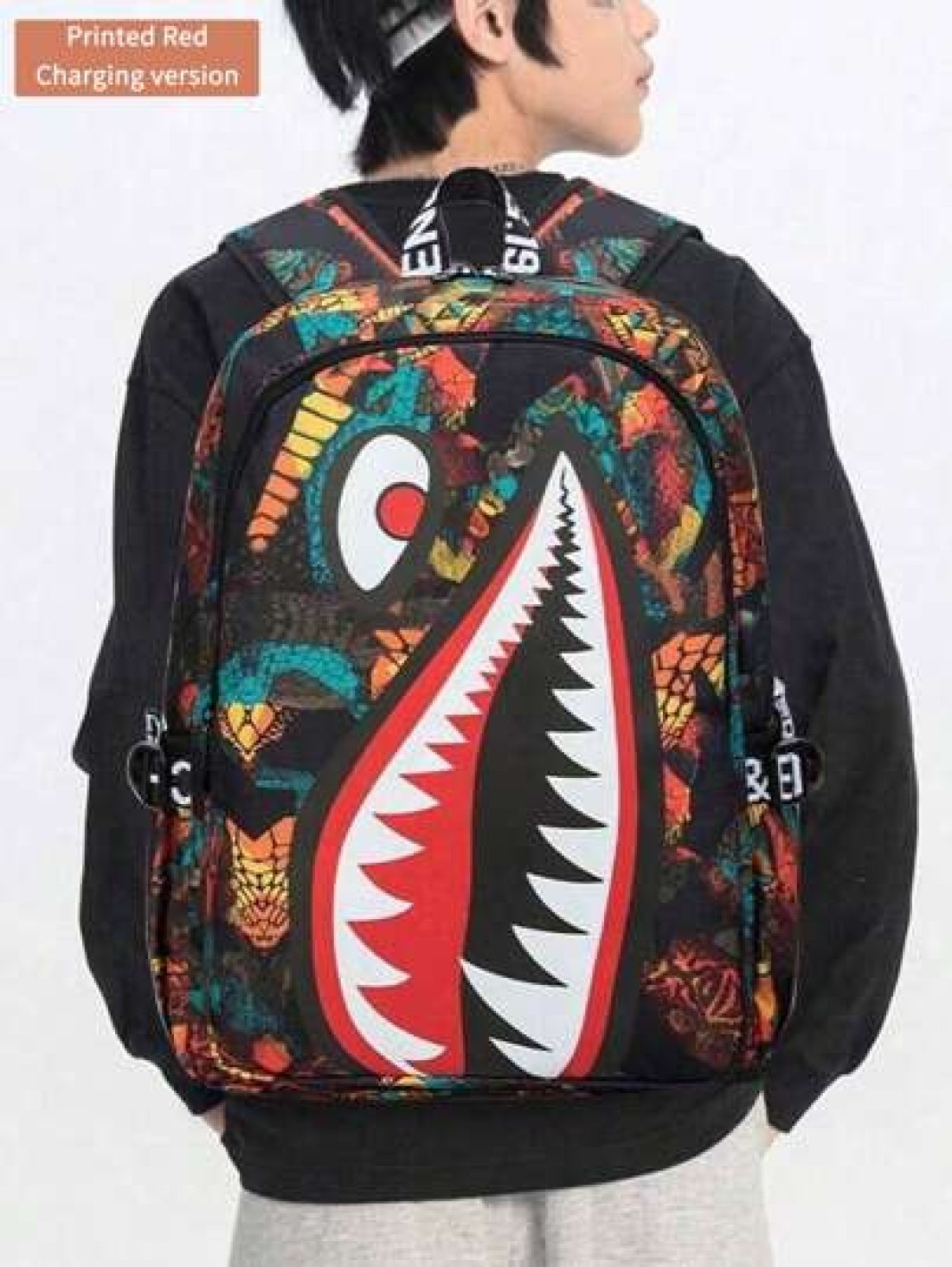 Men s Fashionable Starry Sky Print Backpack Stylish Shark Mouth Print Bookbag With Random All Over Print USB Charging Port Large Capacity Lightweight Nylon Travel Bag University Commute Backpack Fits