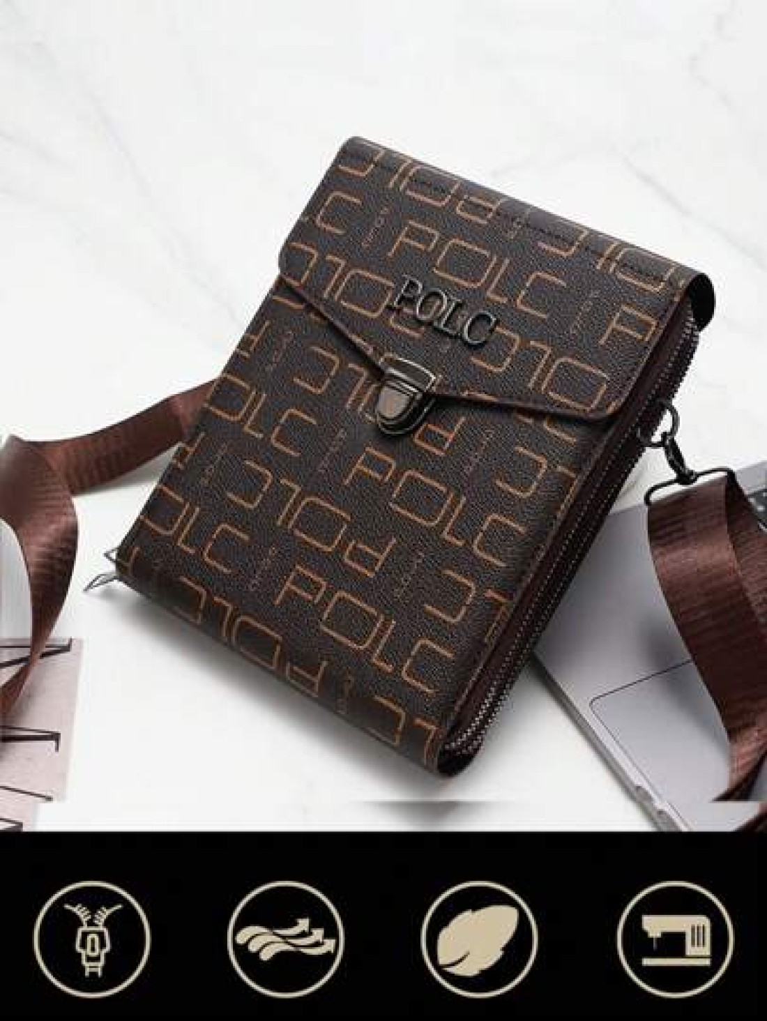POLC Business Floral Print Men s Messenger Bag For Commuting Fashion Letter Flap Small Card Holder Phone Pouch PU Leather Large Capacity One Shoulder Bag Hanging Bag Small Square Bag Double Zipper Pho