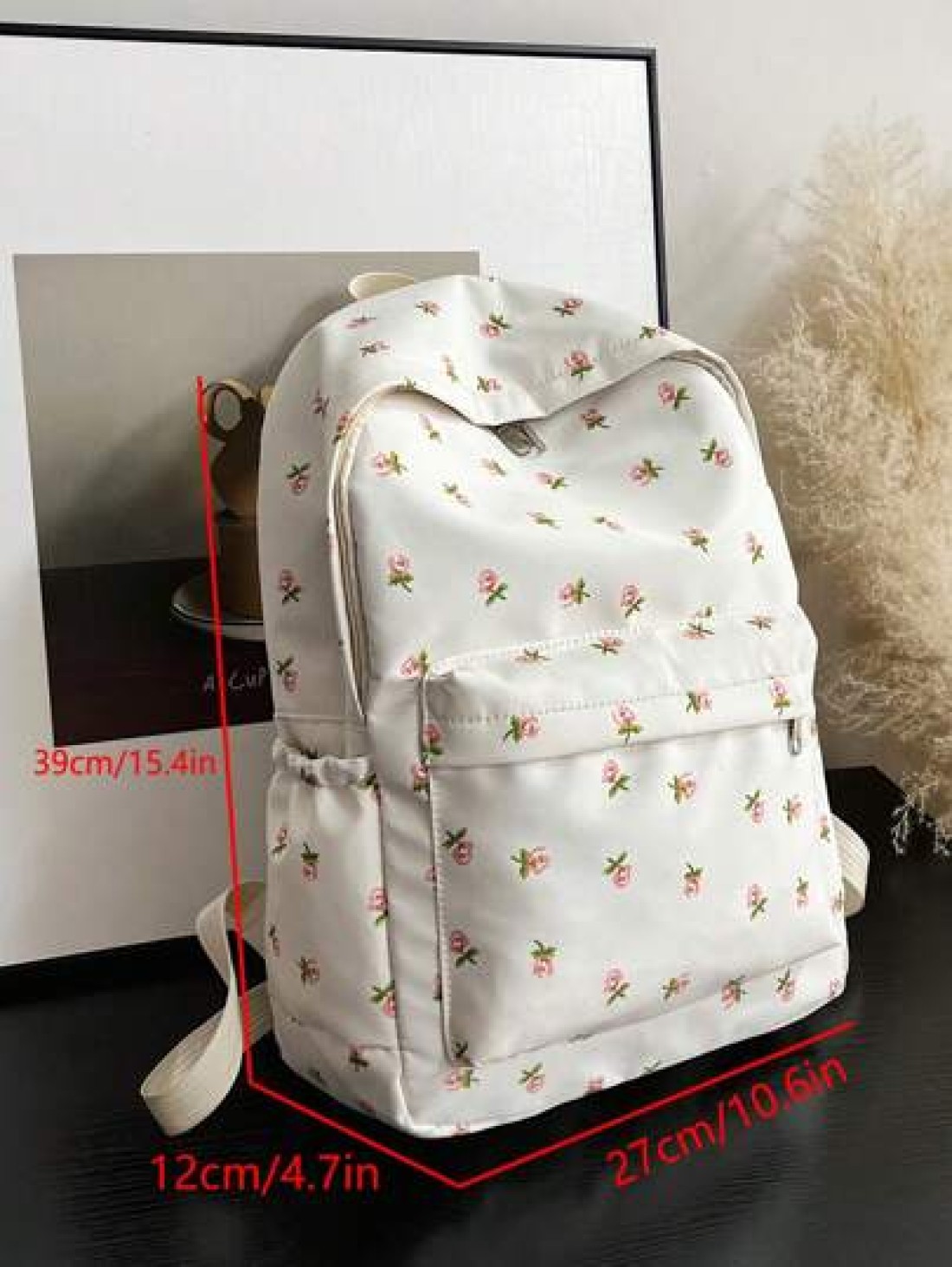 1pc White Nylon Floral Print Dual Zipper Large Capacity Fashionable Versatile Backpack Student Bag