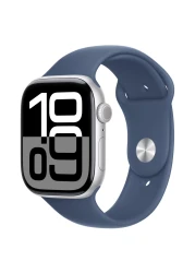 ساعة ابل سيريس 10 جي بي اس 42 ملم هيكل من الألومنيوم الفضي مع حزام رياضي من قماش أزرق - متوسطة / كبيرة
