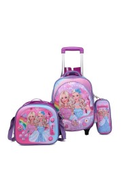 Baby Backpack 3Pcs For Baby Girls 1 lunch 1 Pencil Box And 1 Bag With Adjustable Strap For School 2 Wheels 14 Inch