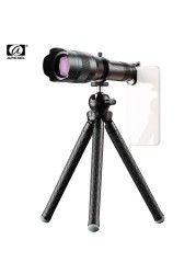 مجموعة عدسات تيليفوتو معدنية 60X اتش دي من APEXEL-APL-JS60XJJ09 تلسكوب أحادي مع حامل ثلاثي ميني قابل للتمديد وكأس العين وحقيبة عدسات محمولة لجميع الهواتف الذكية للسفر والصيد