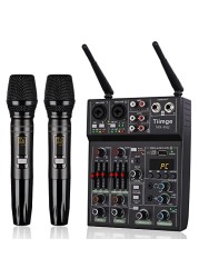 Professional Audio Mixer With Dual Wireless Microphone, Sound Board Console System Interface 4 Channel Dj Mixer USB Bluetooth MP3 Computer Input 48V Phantom Power, Suitable for DJ Karaoke PC Guitar