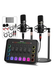 Podcast Equipment Bundle for 2, Audio Interface with XLR Condenser Microphone, and 3.5mm Mic,RGB, Mute,48V Phantom Power for Streaming,Gaming,Recording-Black