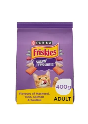 بورينا فريسكيز سيرفين فيفوريتس طعام جاف للقطط البالغة بنكهات الماكريل والتونة والسلمون والسردين 400 غرام