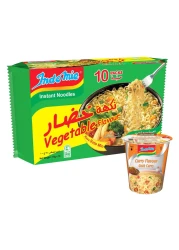 إندومي سوتو نودلز سريعة التحضير بنكهة الخضار مع مسحوق التوابل والصلصة 75 غرام، حزمة من 10 + نودلز بالكاري 60 غرام