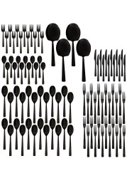 LIFE SMILE Cutlery Set, 18/10 Pure Stainless Steel Flatware Set with Stand, Rust Proof &amp; Fade Proof Dinnerware Set (SHINE BLACK, 88 Pieces)