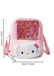 Sanrio حقيبة كروس بودي من قماش مخمل هالو كيتي سانريو، حقيبة تخزين نسائية جميلة وشفافة قابلة للتحمل بشكل قلب