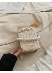 حقيبة يد صغيرة منسوجة بخرز اللؤلؤ، حقيبة كتف موضة ذات سلسلة متقاطعة للفتيات