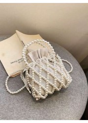 1pc Girls Plastic Nylon French Retro Beaded Bucket Pearled Handbag Suitable For Spring Summer Daily Use Crossbody Vertical Or Horizontal Random Inner Lining Random