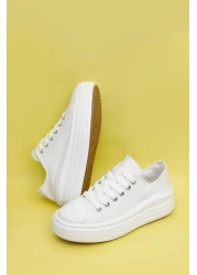 GÖNDERİ(R) White Linen Laced Women's Linen Casual Sports Flat Sole Sneaker 35144