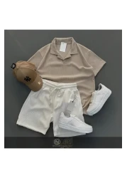 NewCabin Ribbed Ottoman Premium Fabric Polo Neck Unisex T-Shirt and Shorts Set